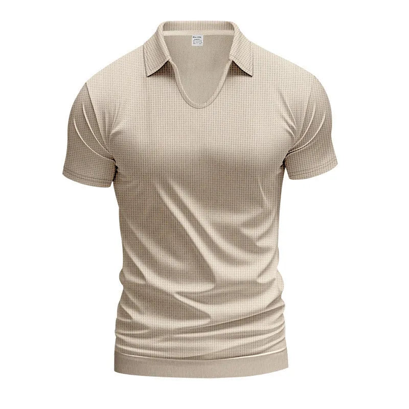 Men's loose fit V-neck short sleeve T-shirt in cotton blend fabric shown in apricot colour