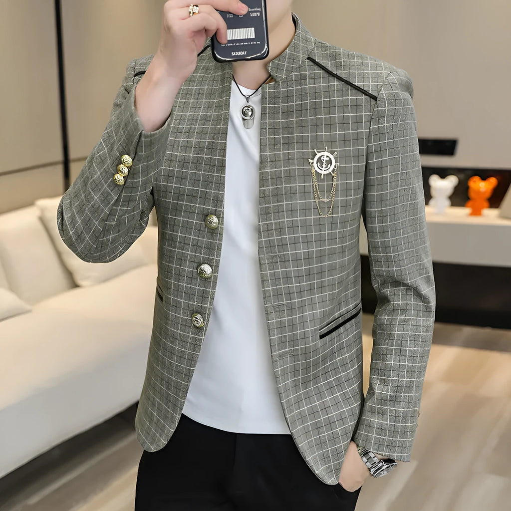 Men's plaid slim fit leisure coat in brown with bag cover seam pockets, shown from front