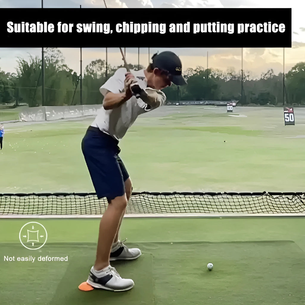 Orange natural rubber golf training mat for swing practice and centre of gravity drills