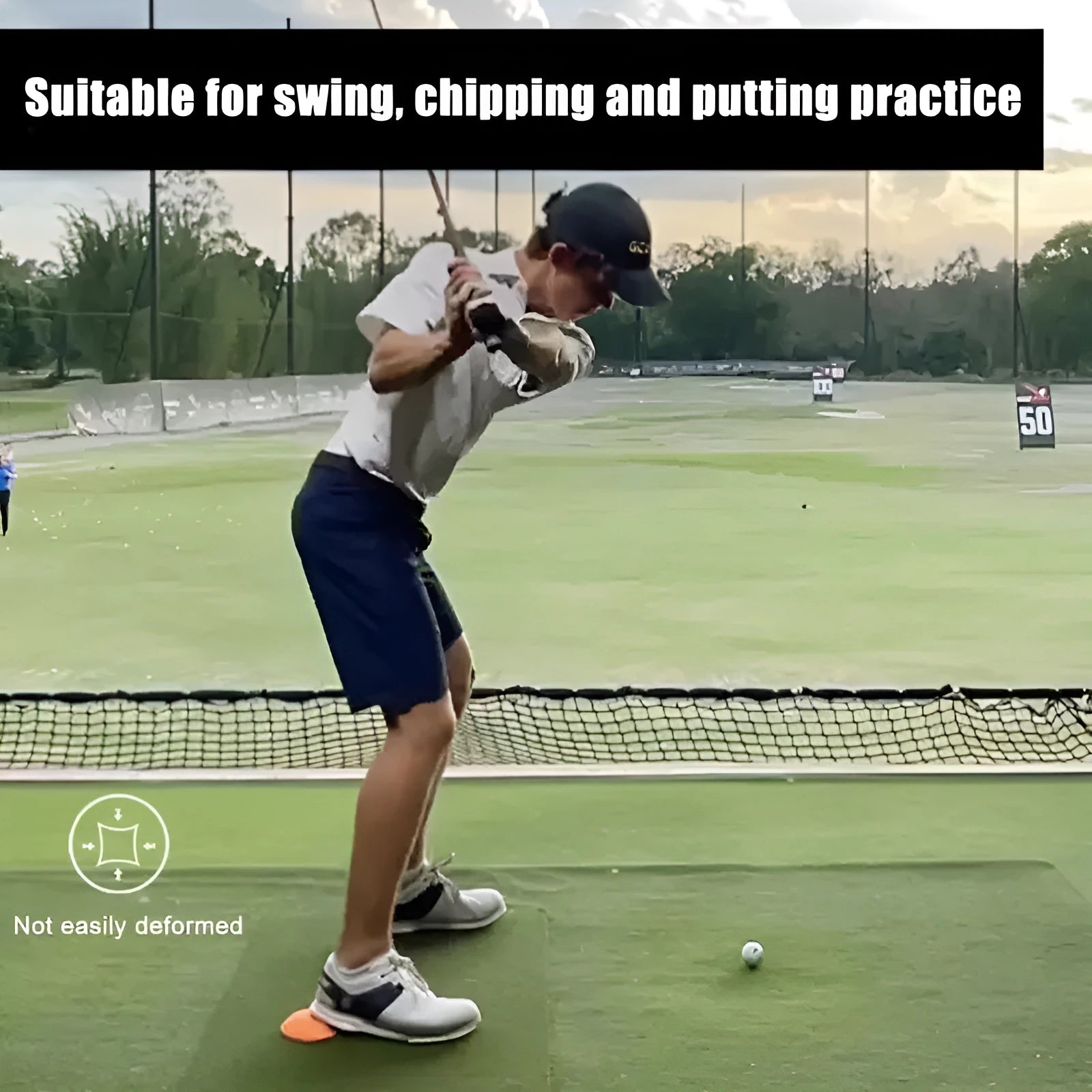 Orange natural rubber golf training mat for swing practice and centre of gravity drills