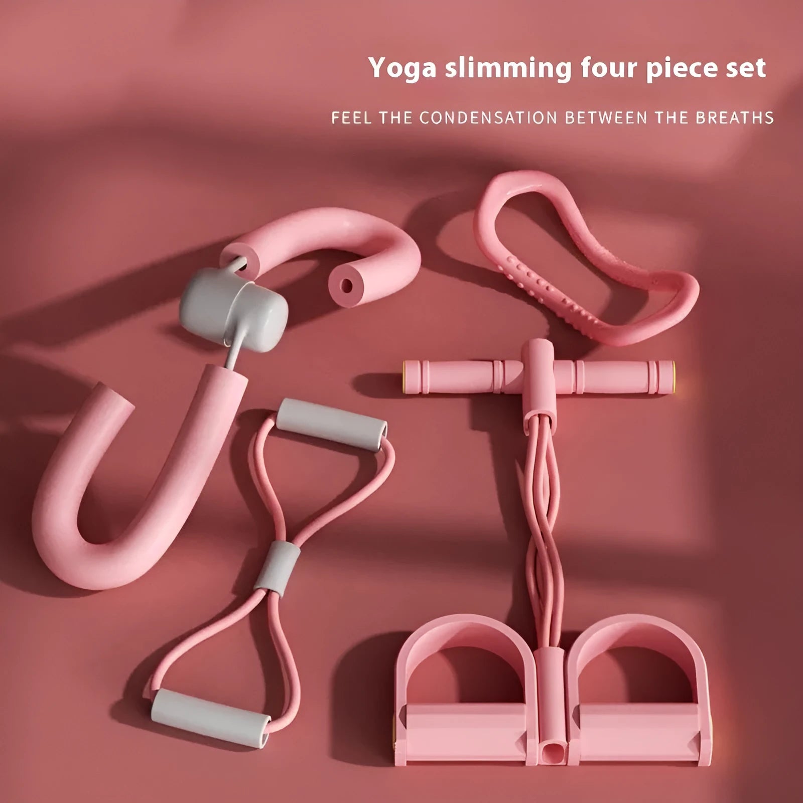 Yoga four piece set showing leg stretcher, yoga ring, pedal device, and tension rope