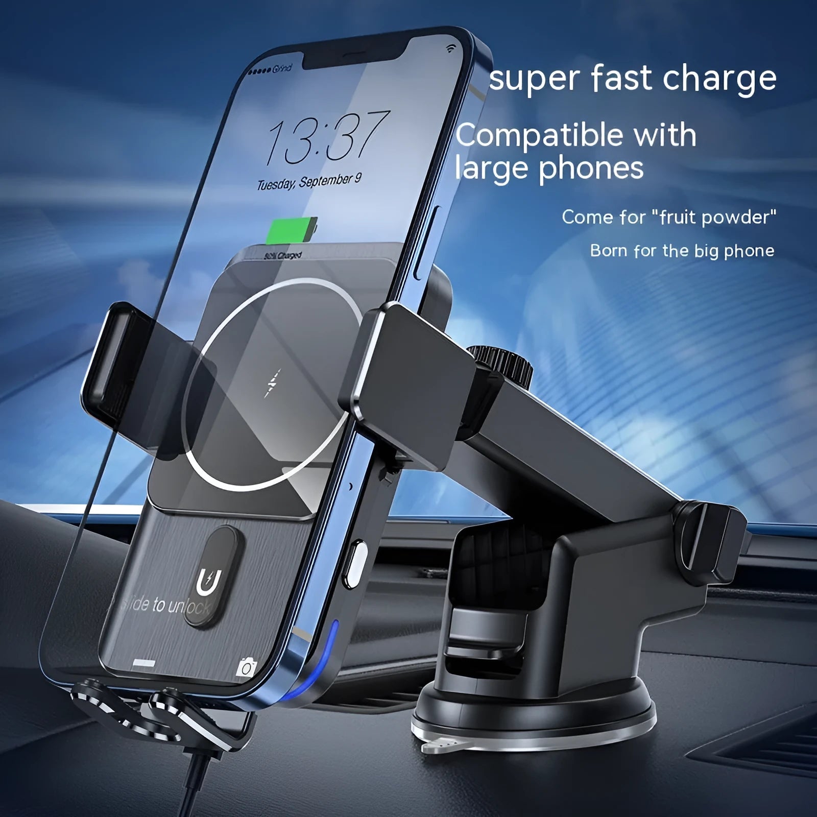 Black car wireless charger phone holder showing clip and suction cup mounting options for 15W Qi charging