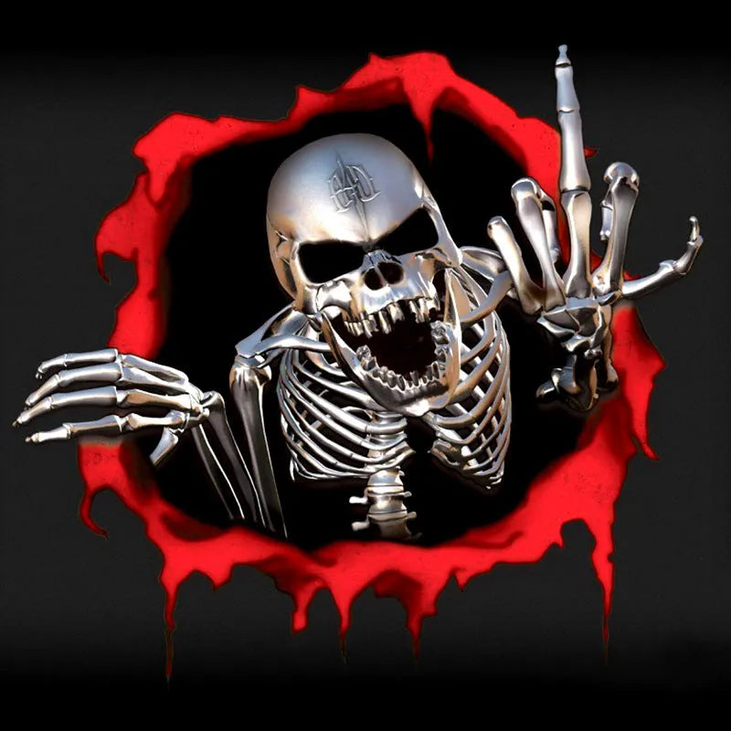 Close-up of a colourful reflective metal skull car sticker with a broken shell pattern, measuring 15cm by 14cm.