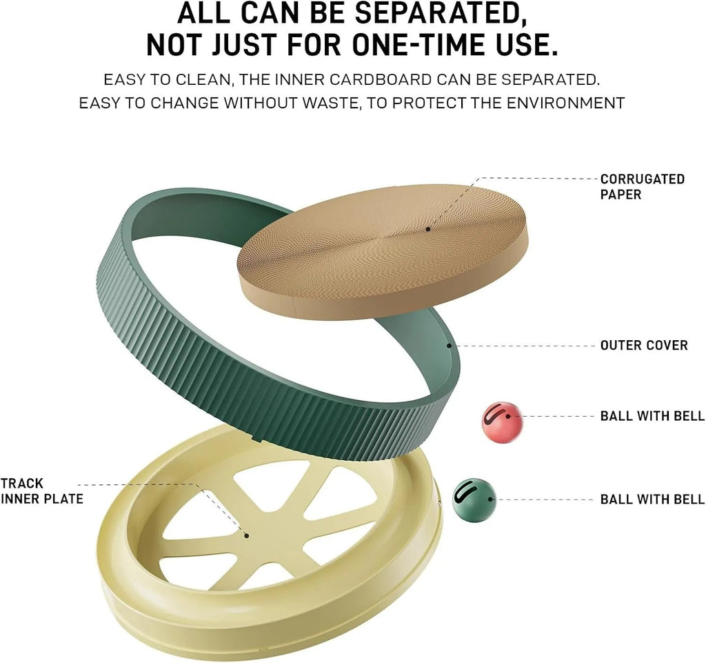Large circular cat scratching board with green replaceable core and interactive bell toys