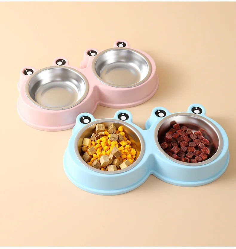 Stainless steel pet double bowl with elevated frog-style base in blue colour for cat and dog feeding