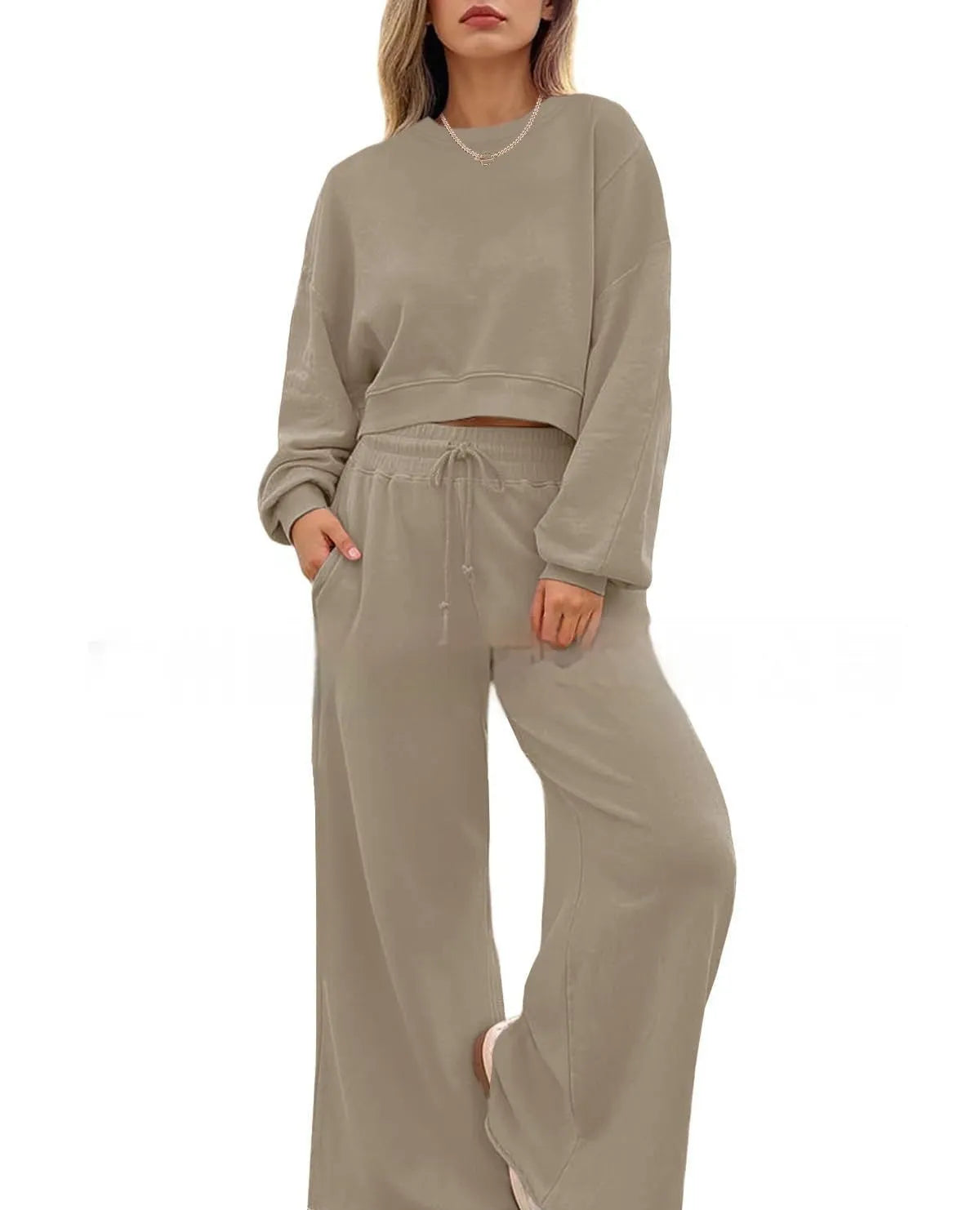 Women's solid colour long sleeve top and trousers two-piece casual set