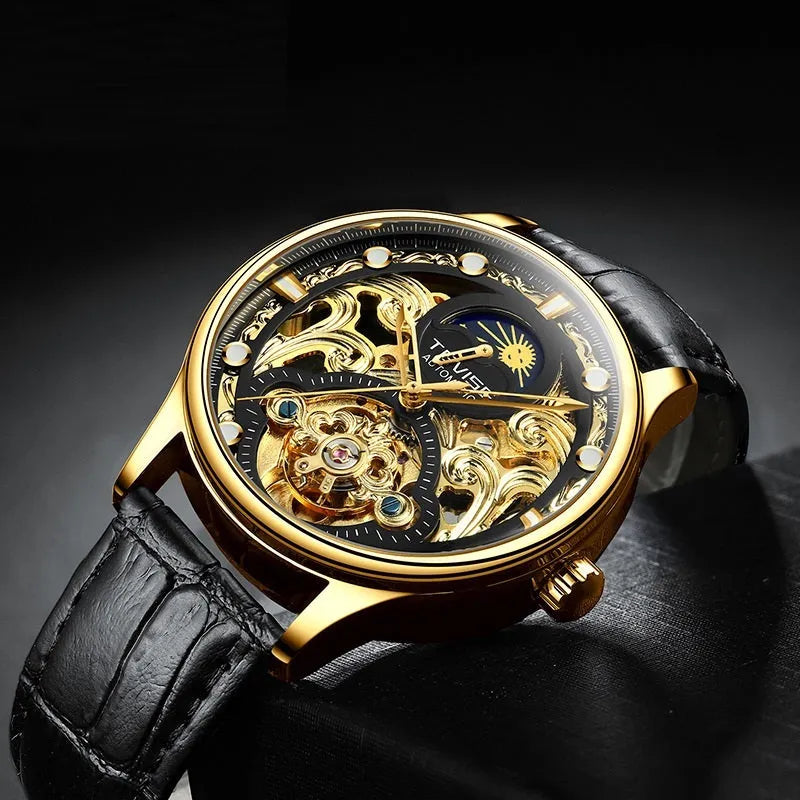 Men's automatic waterproof mechanical watch with leather strap in business style