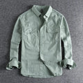 Men's loose fit long sleeve cardigan shirt in polyester, shown in light grey, black, khaki, or green.