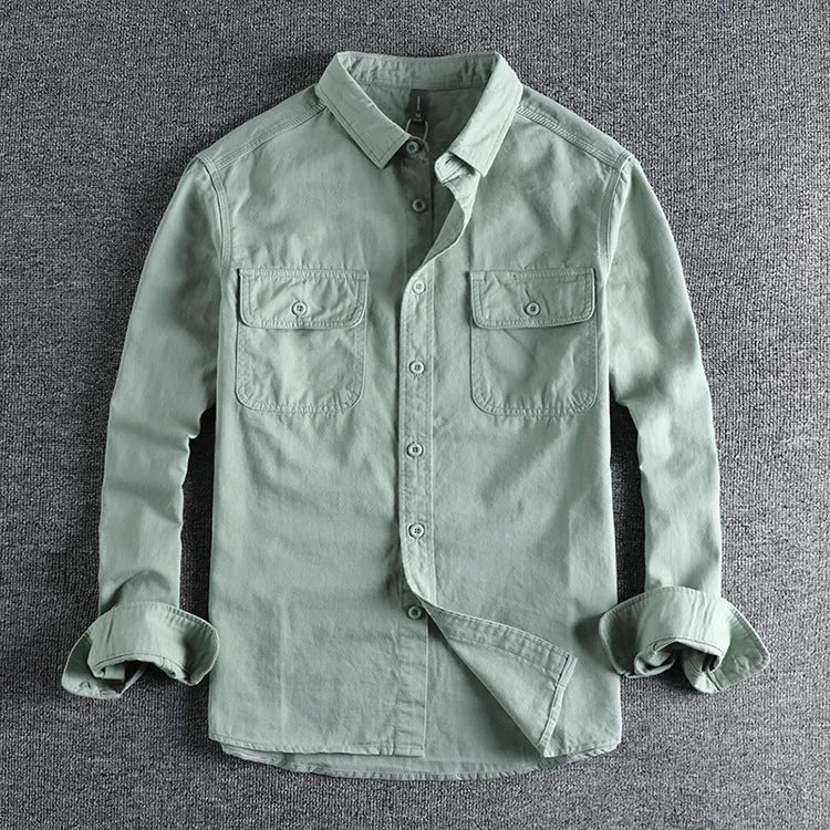 Men's loose fit long sleeve cardigan shirt in polyester, shown in light grey, black, khaki, or green.