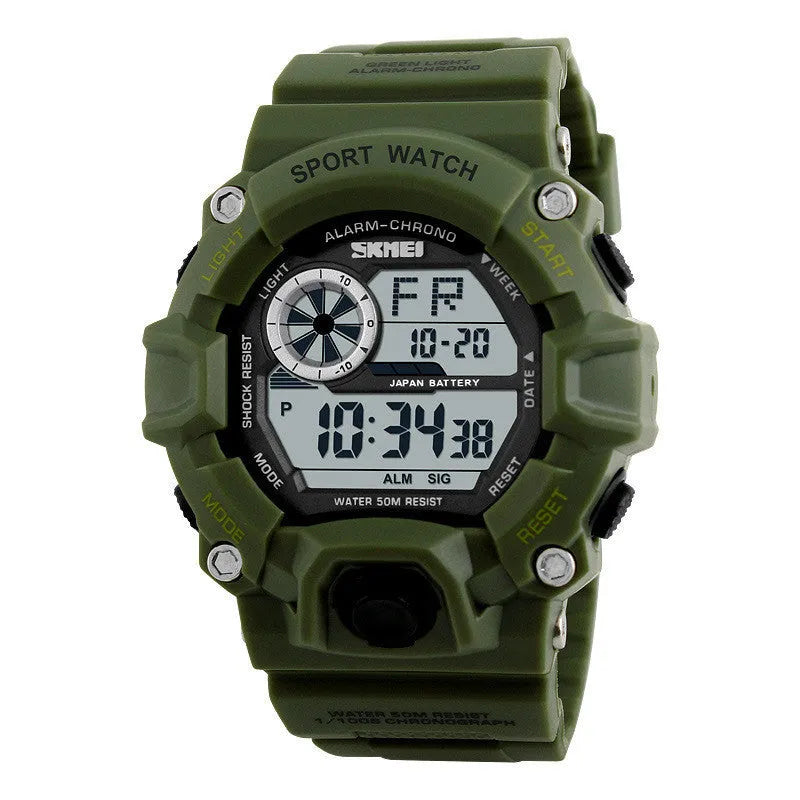 Waterproof multifunctional mountaineering watch with round dial and plastic strap in five colour options