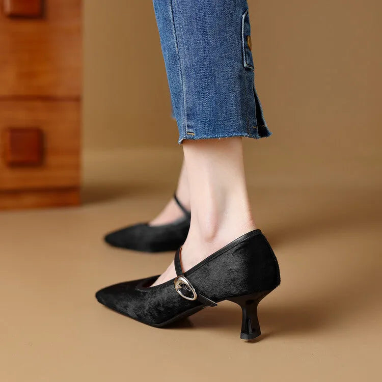Women's black square toe stiletto ankle-strap shoe with horse hair upper and buckle closure