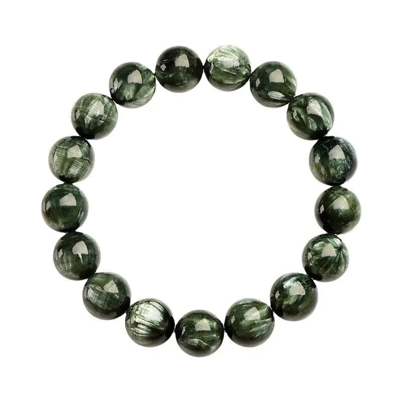 Green dragon crystal bracelet with 8-9mm round beads featuring geometric and Ruyi designs