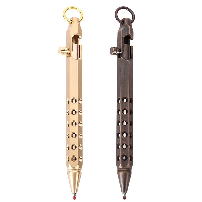 Brass hexagonal bolt pen showing six-sided barrel and bolt detailing with 0.5mm rollerball tip