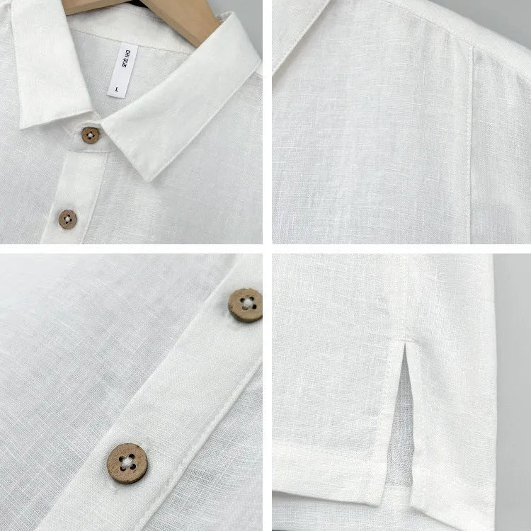 Men's light linen summer top with thin lapels and short sleeves in loose fit