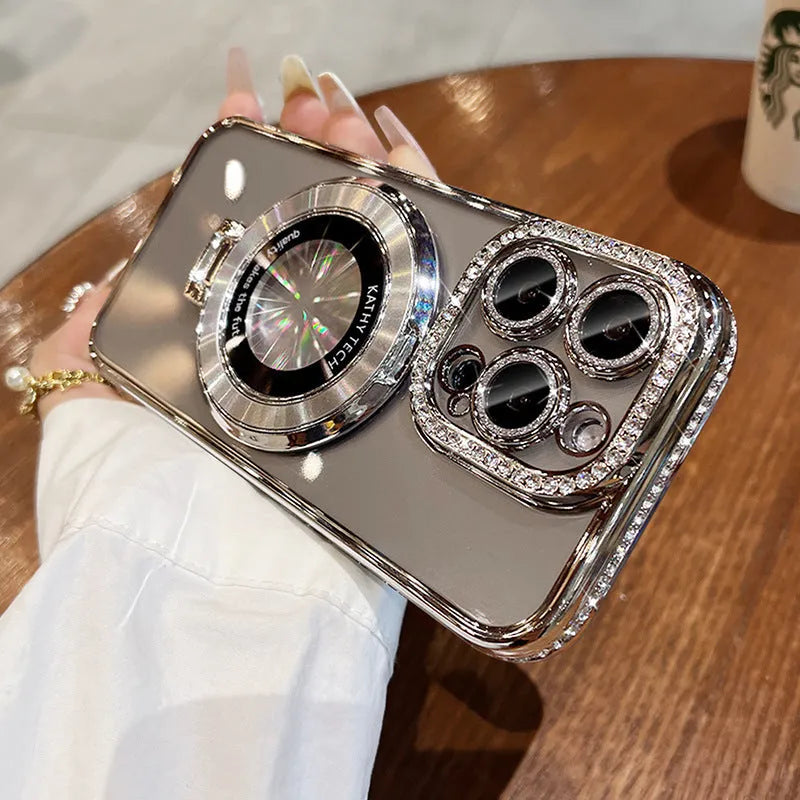 Transparent silicone iPhone case with rhinestone frame and built-in magnetic bracket in pink colour.