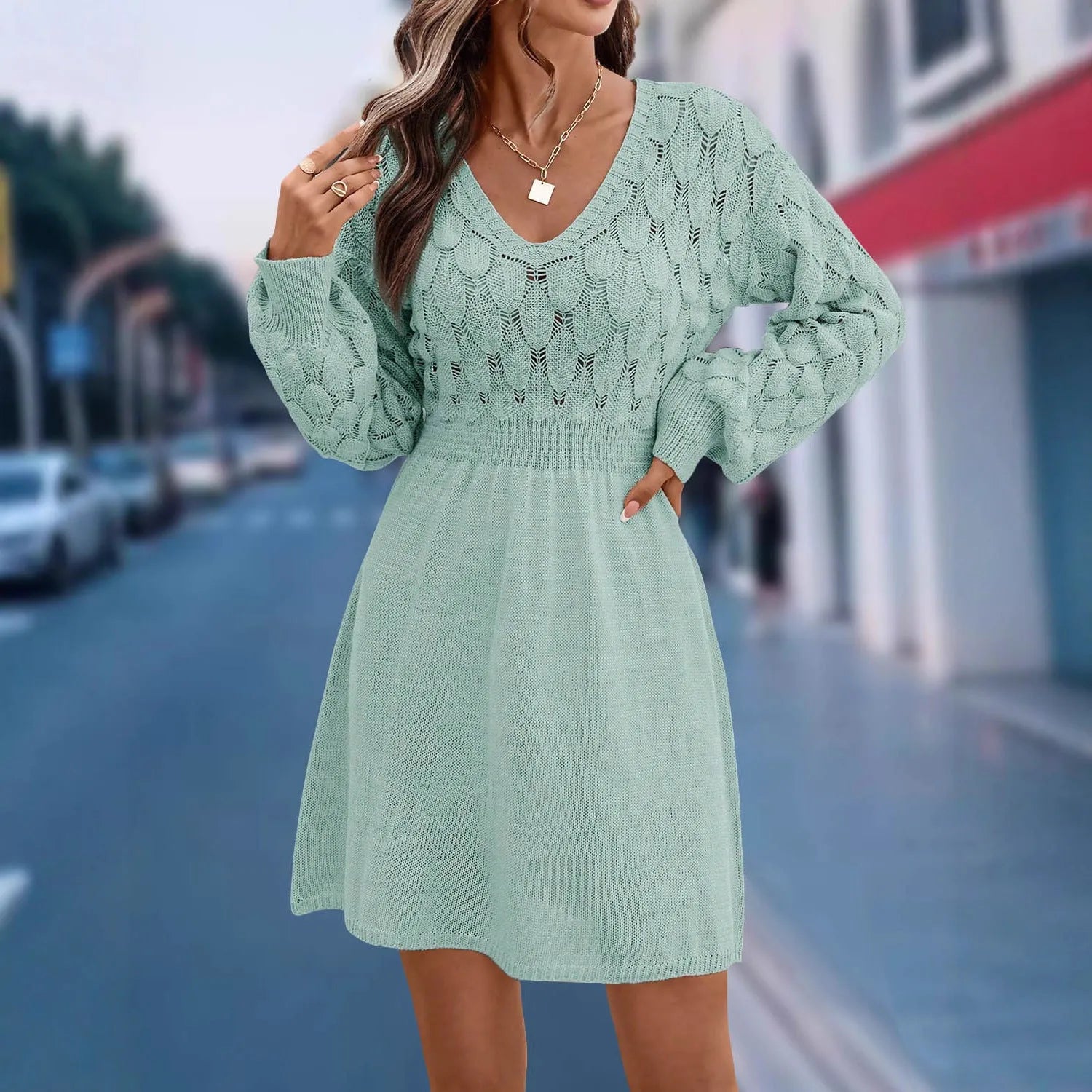 Acrylic fibre ethnic style V-neck beach dress with 3D pattern and long sleeves