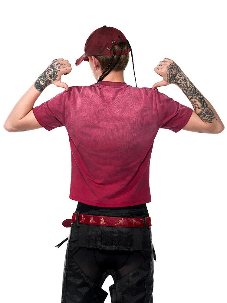 Red slim-fit men's t-shirt with distressed washed finish and short sleeves