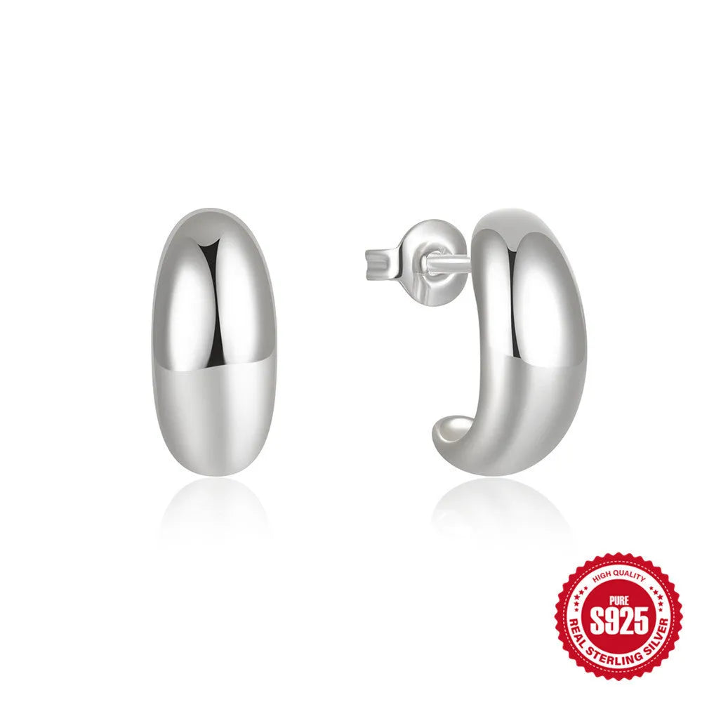 Sterling silver C-shaped geometric stud earrings with glossy electroplated finish