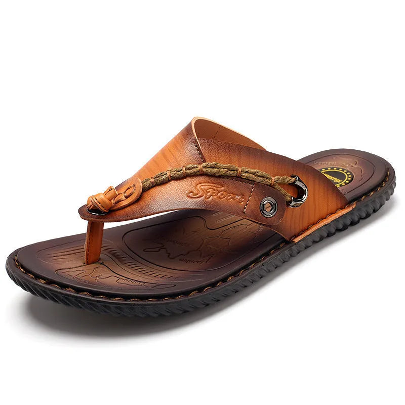 Men's dark blue herringbone-patterned outdoor slippers with a rubber sole, shown from the side.