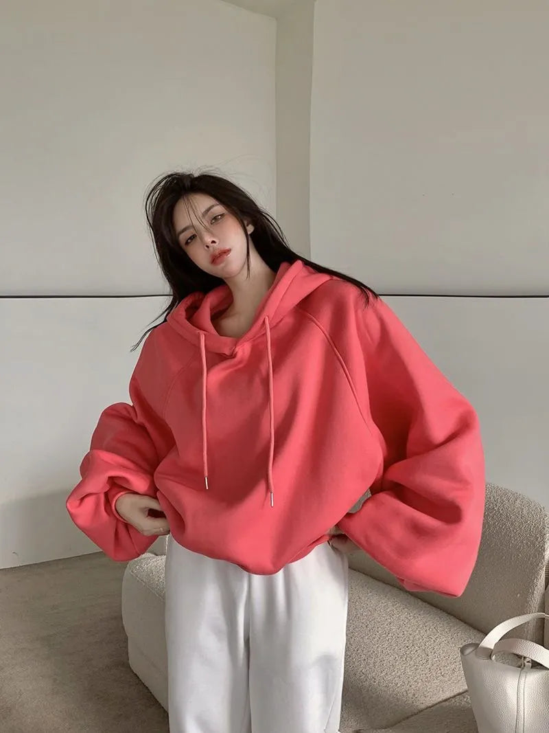 Women's watermelon red mulberry silk hooded pullover sweater loose fit sleeveless design