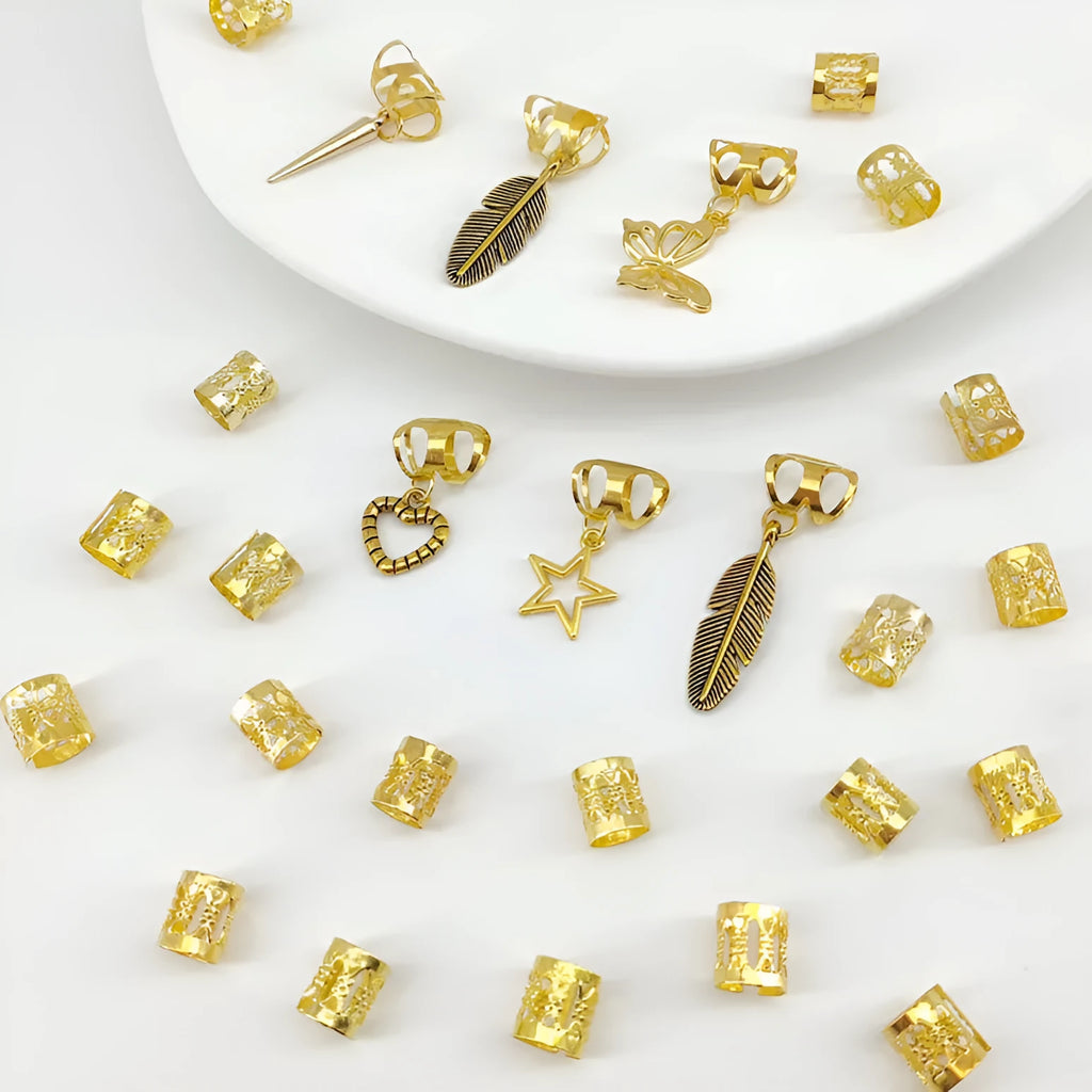Pack of 26 alloy hair rings with antique leaf design in gold or silver electroplated finish