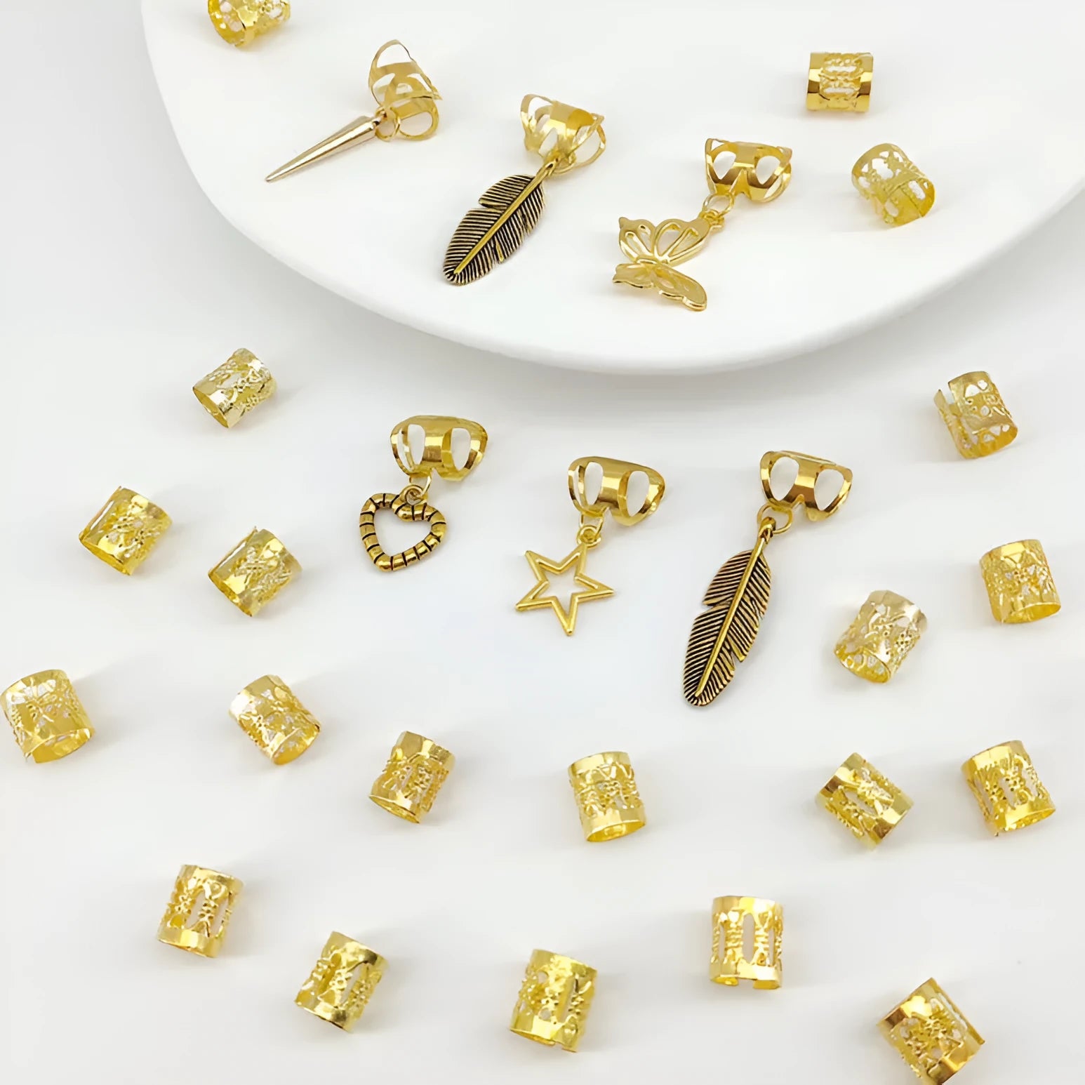 Pack of 26 alloy hair rings with antique leaf design in gold or silver electroplated finish