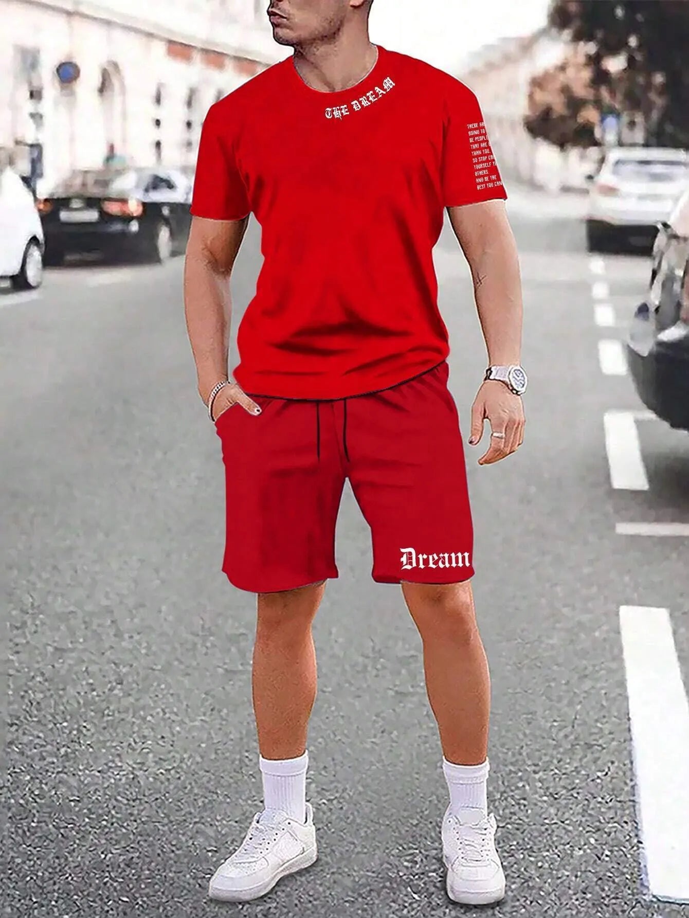 Sports shorts suit with short sleeve top and matching shorts in polyester quick-dry fabric