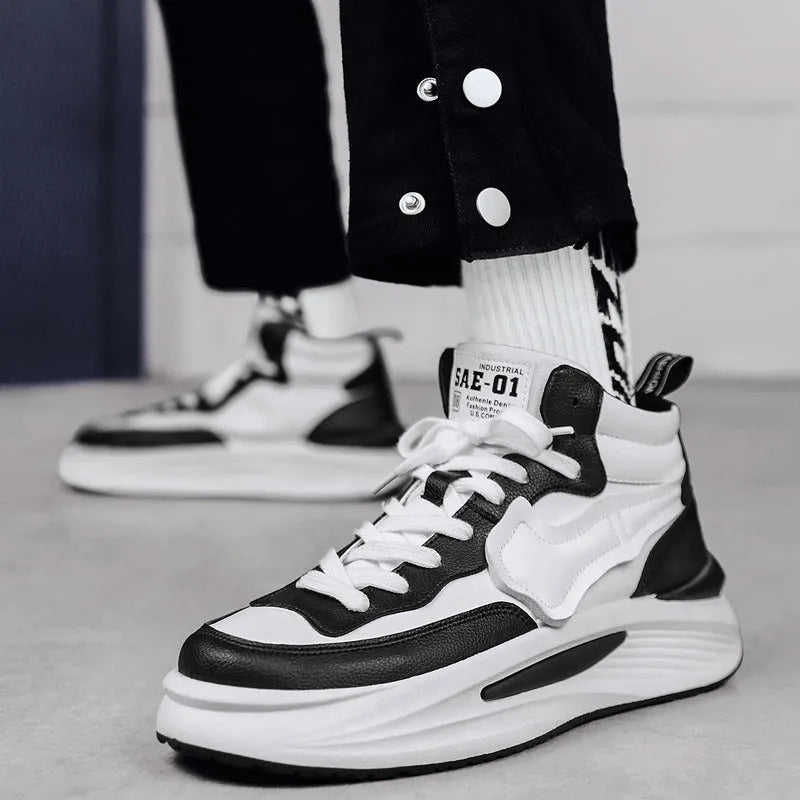 Men's black and white high-top platform board shoes made of artificial PU leather