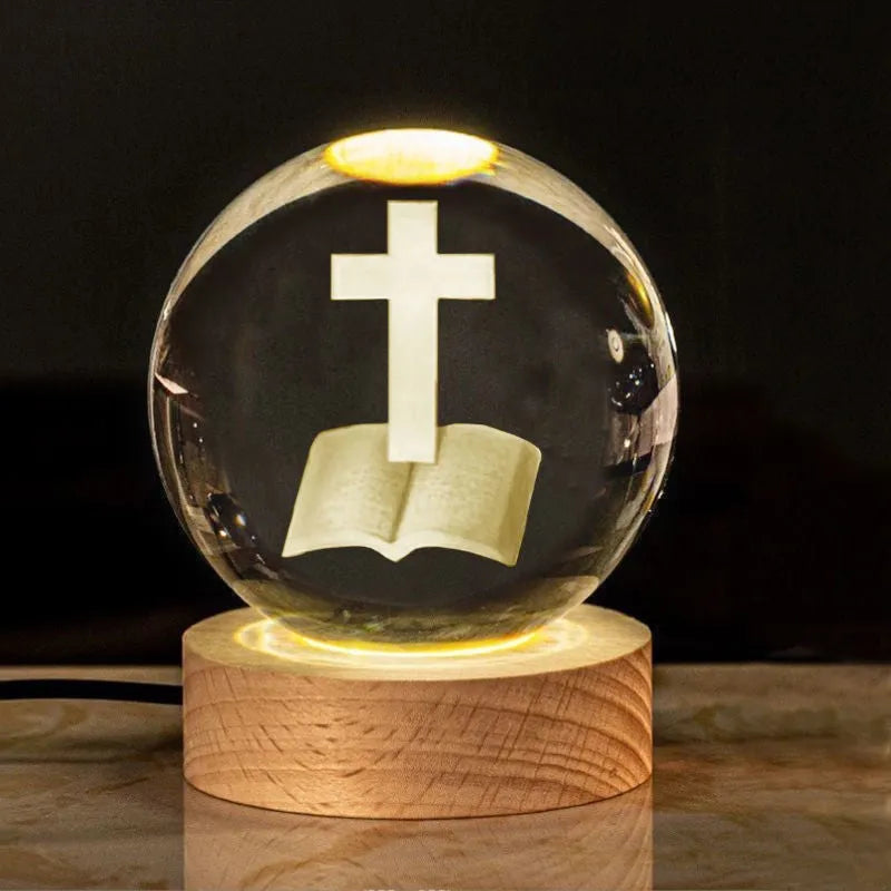 White crystal ball lamp with solid wood base and warm lighting in religious designs