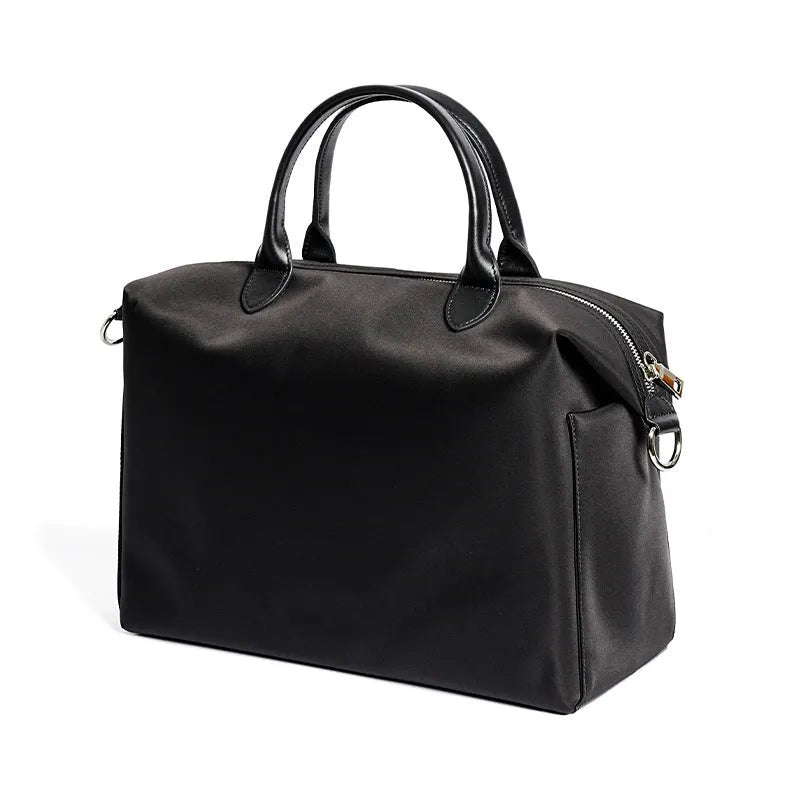 Nylon waterproof cloth shoulder bag with leather accents in black or light khaki colour