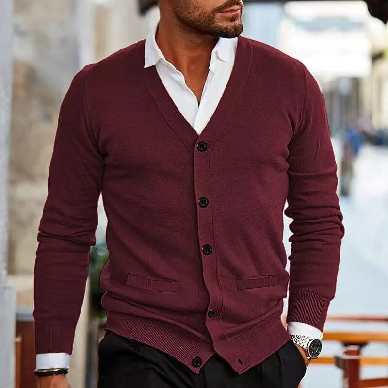 Men's slim fit acrylic cardigan sweater coat in a choice of six colours.