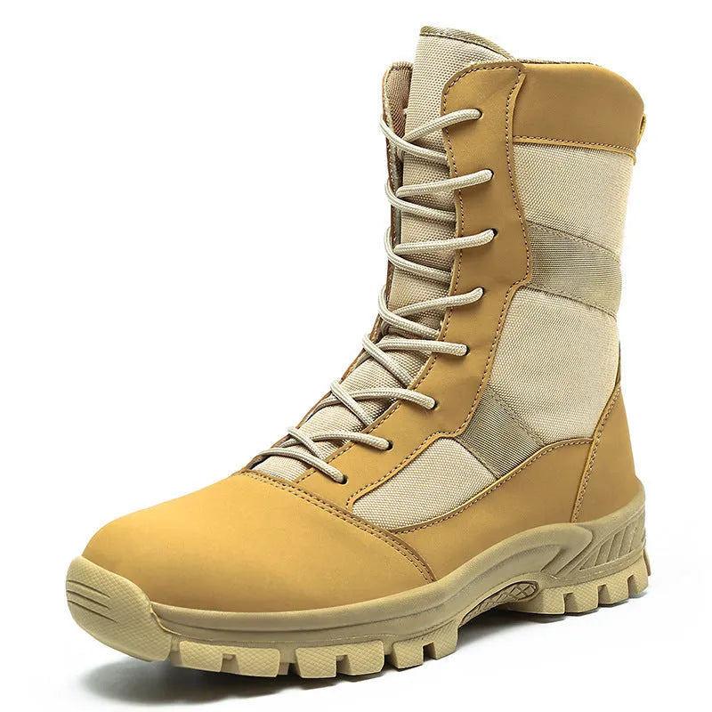 Plus size men's high-top Martin boots in black and camouflage with mesh upper and totem detailing