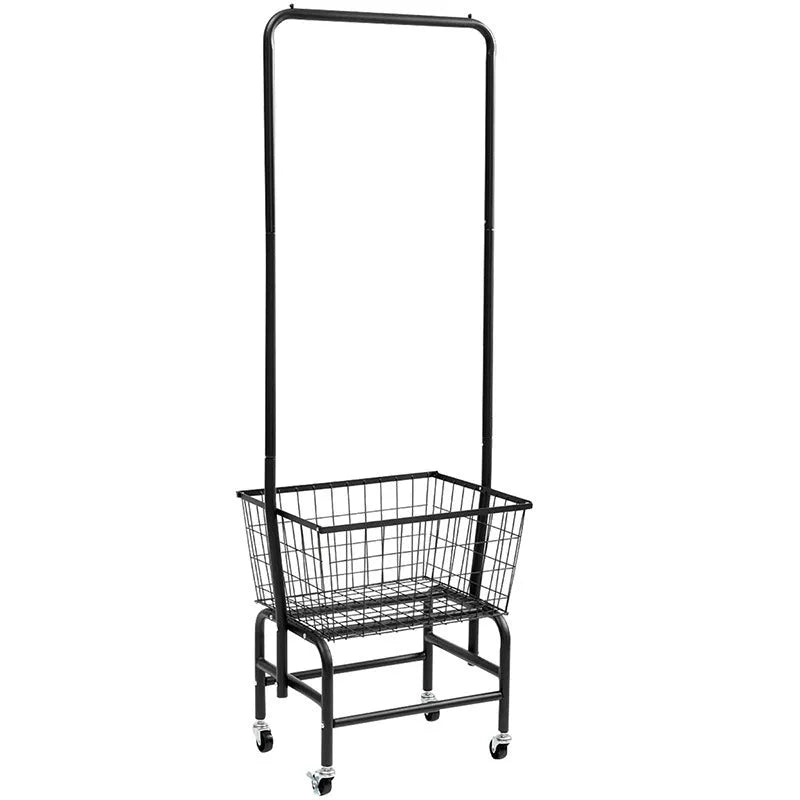 White iron frame single rod clothes rack on wheels with a pulley height adjustment system.