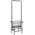 White iron frame single rod clothes rack on wheels with a pulley height adjustment system.