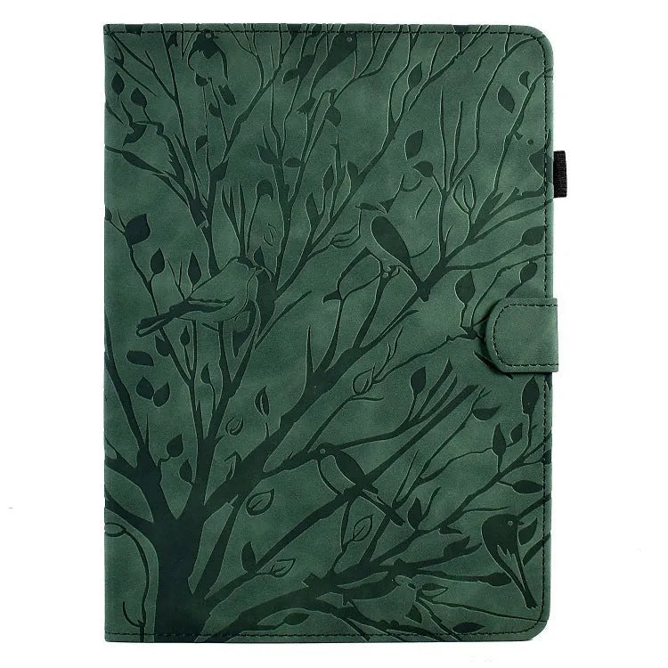 Imitation leather tablet protective case with integrated stand in black colour, shown next to a tablet.