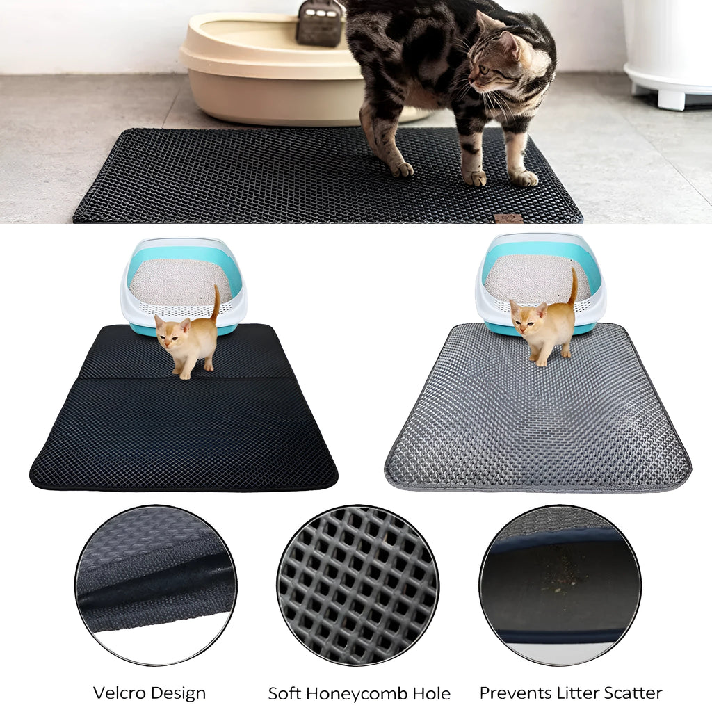 Double layer EVA cat litter mat in black with textured surface, placed under a litter box to trap debris