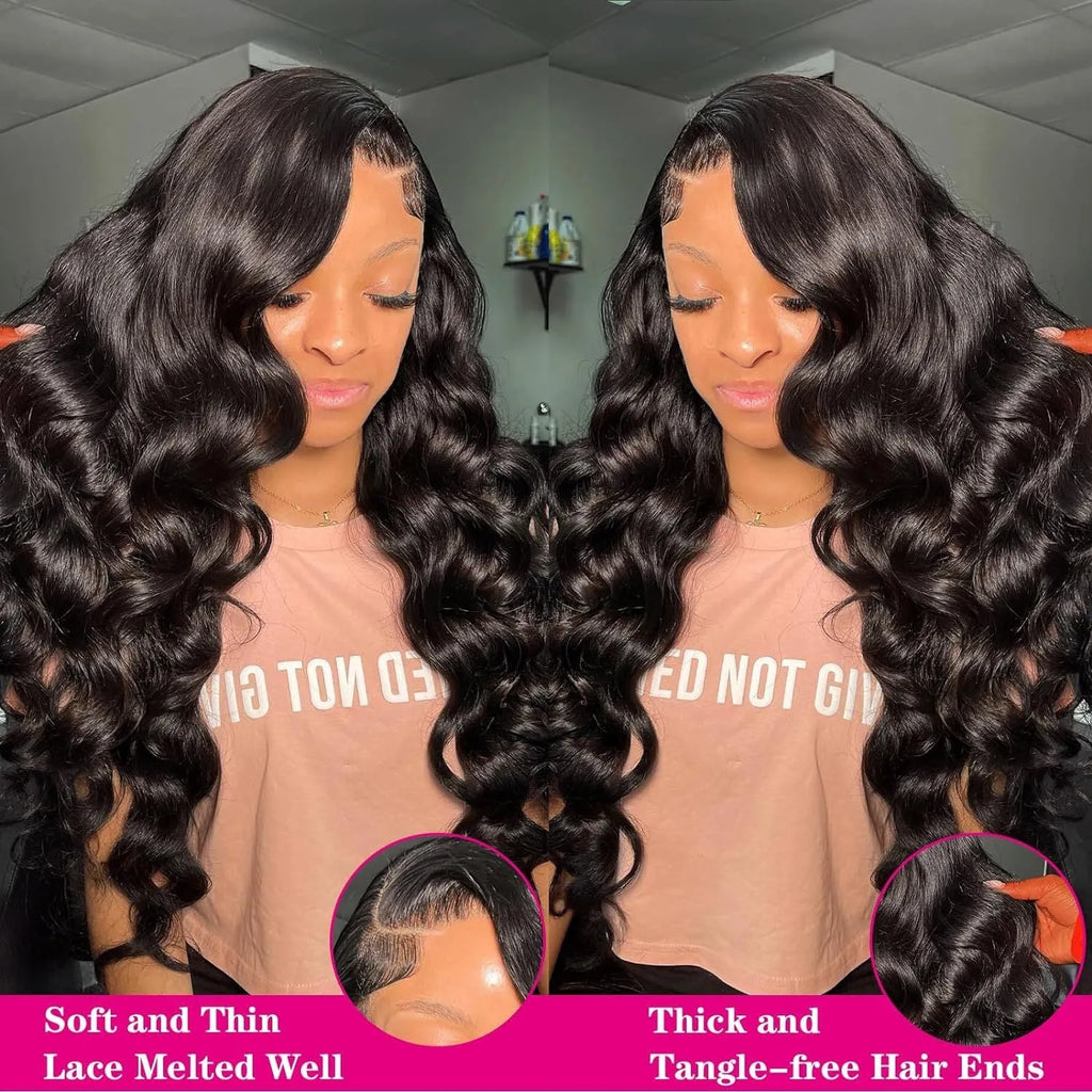 A black synthetic wig with long, medium-large waves, shown on a mannequin head.