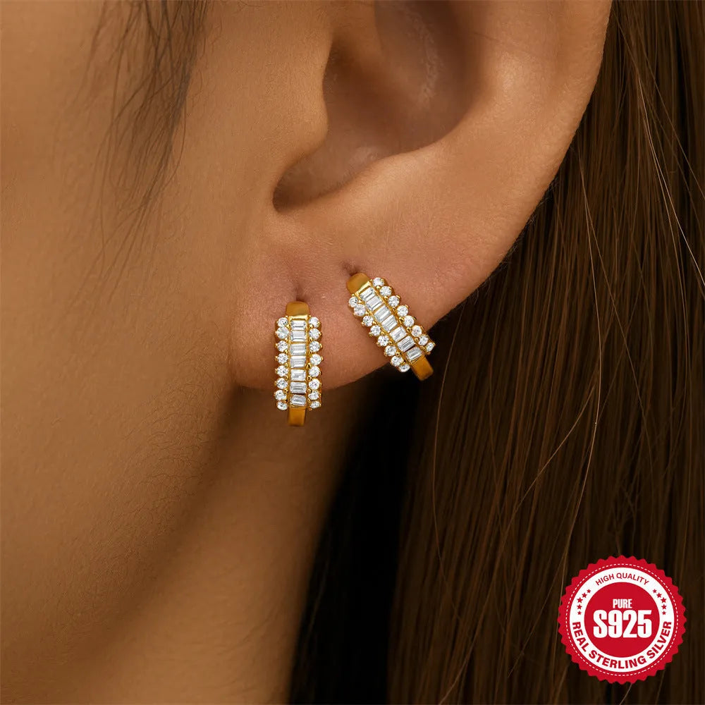 Sterling silver geometric stud earrings with diamond detailing in gold or silver finish