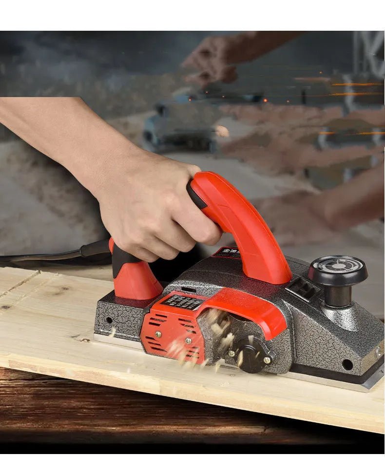 Red aluminium electric wood planer with 82mm working width for desktop woodworking