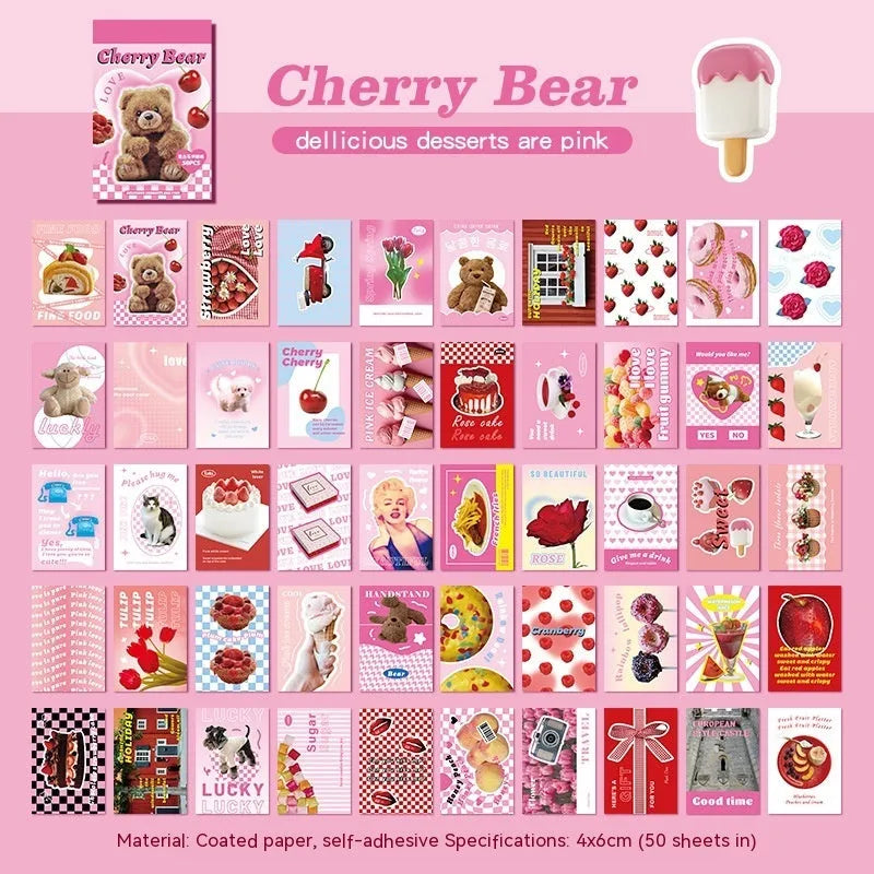 American retro cartoon sticker book with 50 adhesive 4x6cm journal decoration stickers in six colours