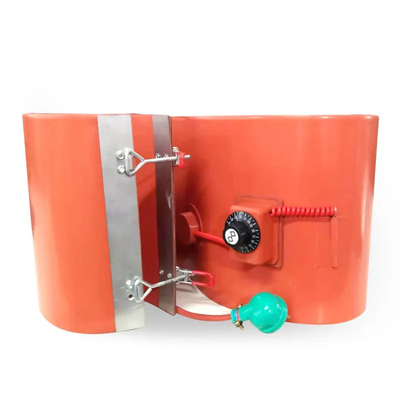 Silicone rubber heating belt wrapped around 200 litre oil drum with digital display control