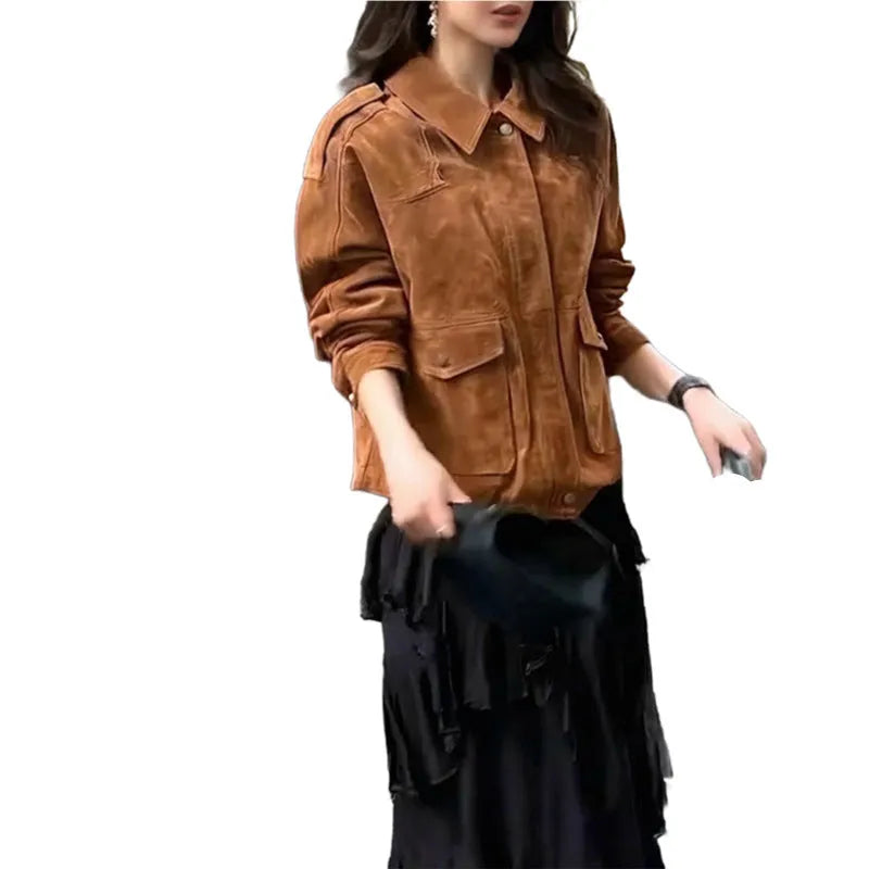 Women's brown suede-effect polyester coat with regular sleeves on hanger