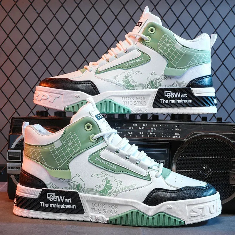 Men's beige high-top board shoes with white laces and a rubber sole on a plain background.