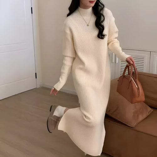 Beige acrylic knit dress with half-turtleneck collar and high waist.