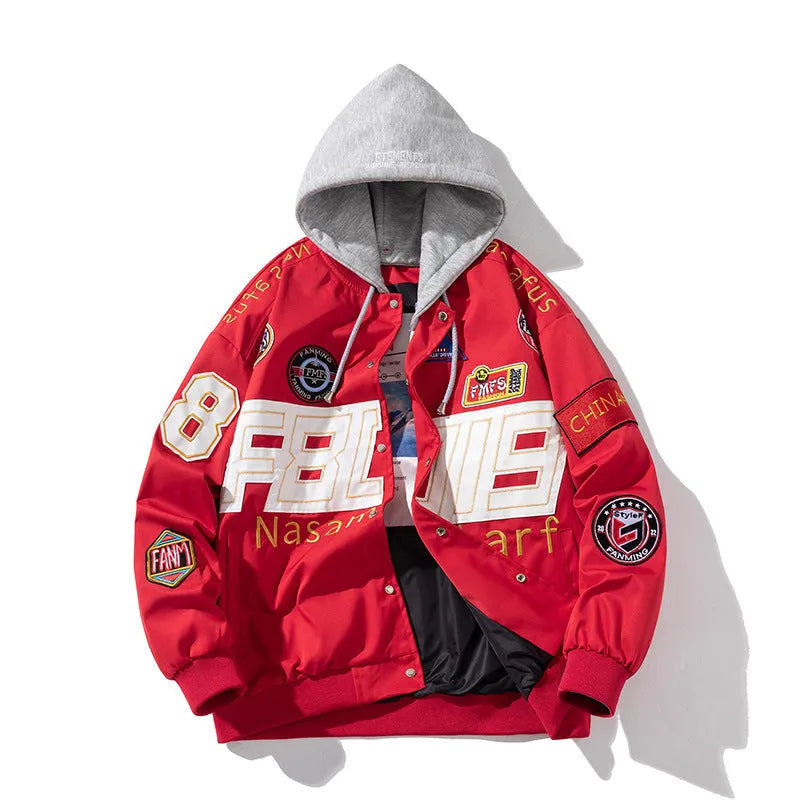 American motorcycle baseball uniform jacket in black with removable hood and side pockets