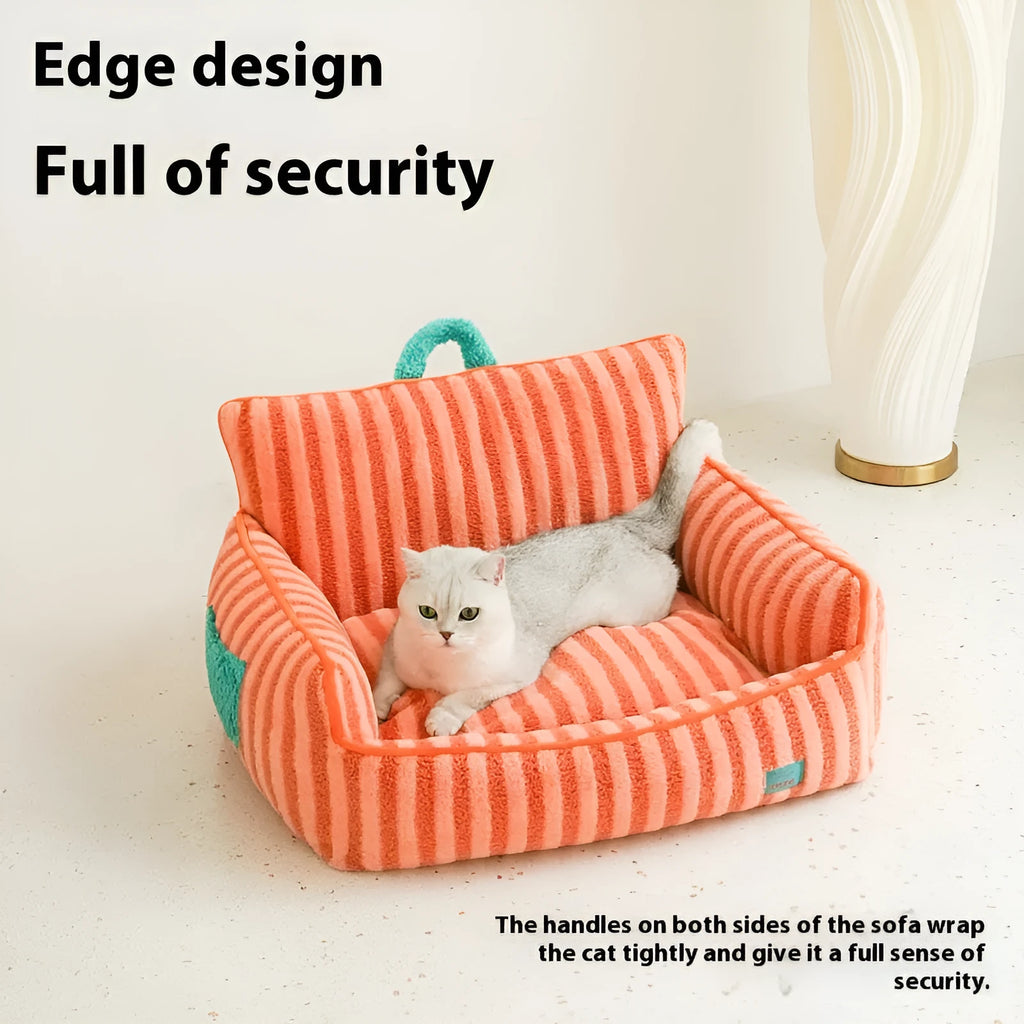Striped plush velvet pet bed with removable cover for dogs in orange colour