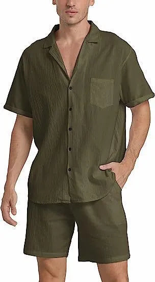 Men's flax linen short-sleeved top and matching shorts set in army green on a hanger.