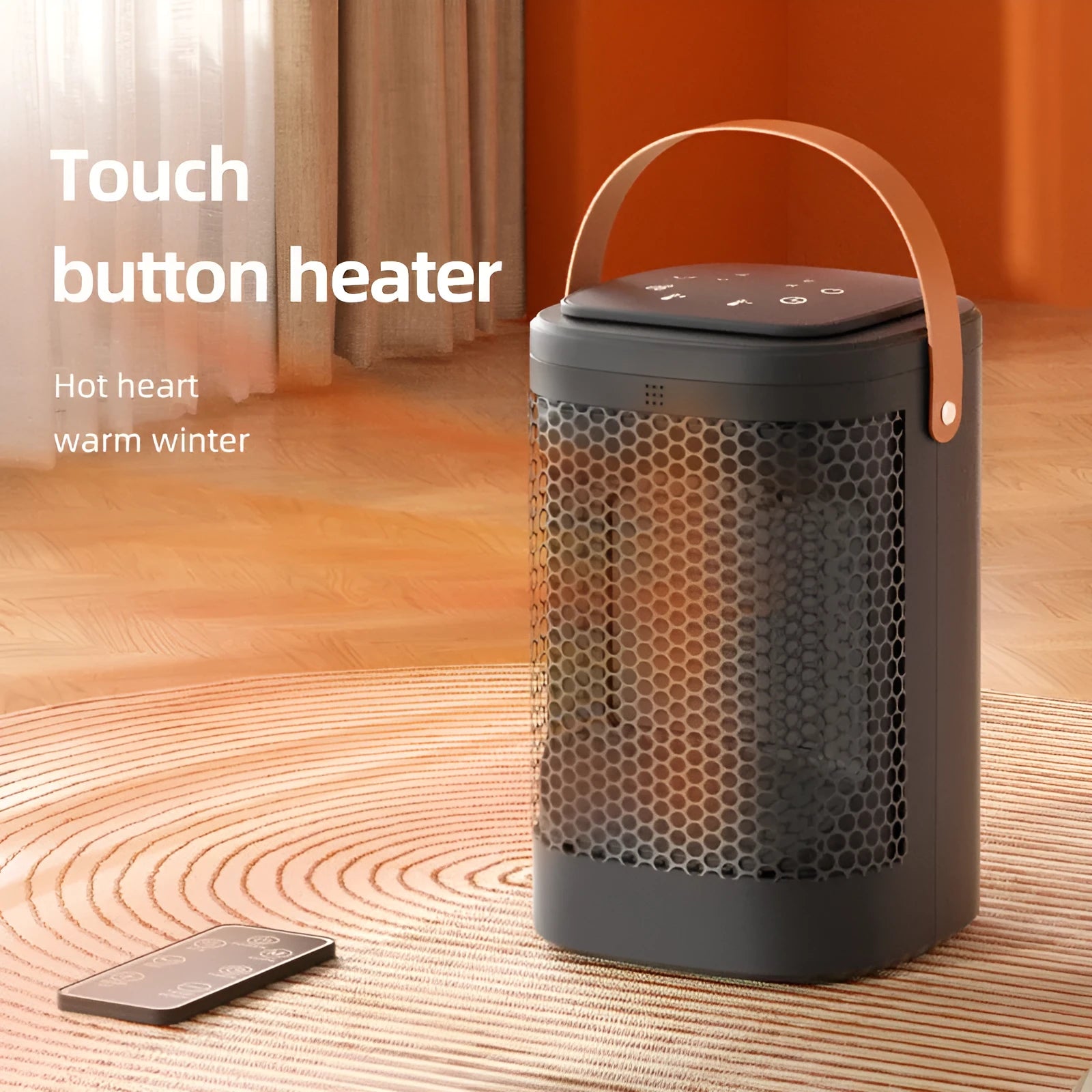 White electric heating radiator with digital touch screen display and remote control on wooden table