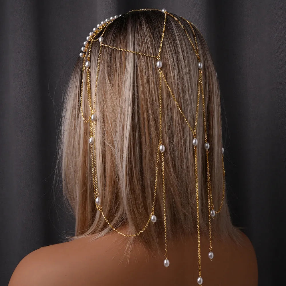 Gold electroplated mesh hair chain with pearl decoration and tassel detail for women