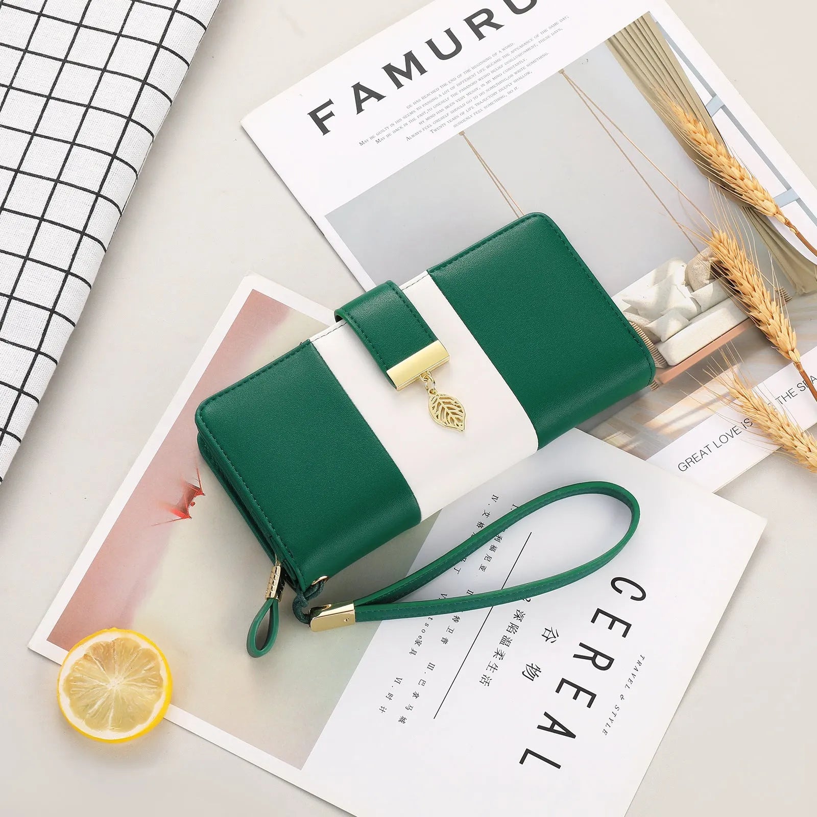 Anti-theft clutch handbag with lock closure in PU leather showing interior organisation and colour options